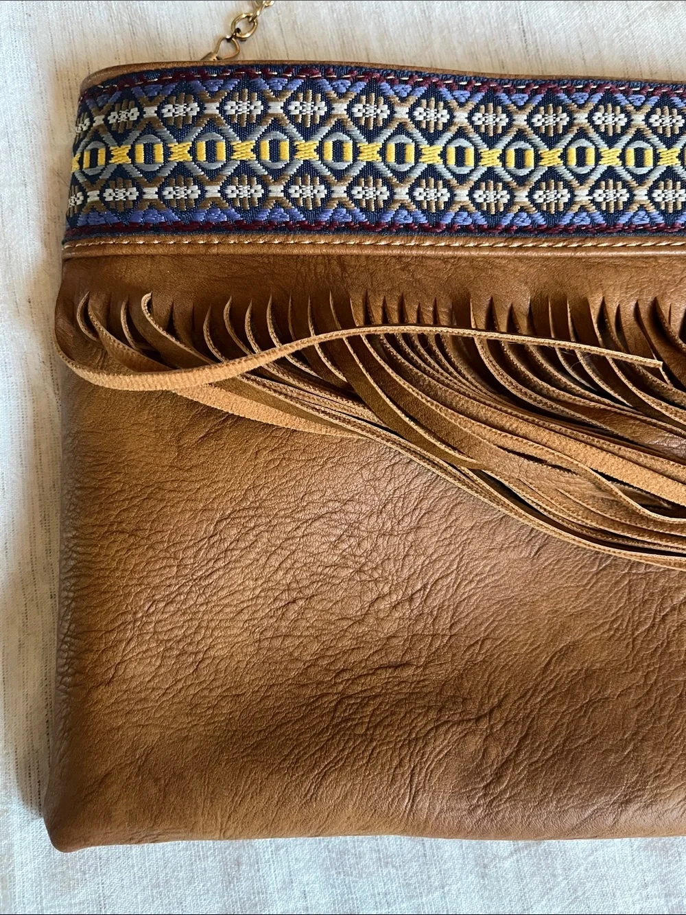 Faux Leather Fringe Crossbody Bag with Embroidered Trim, Like New - Picture 3 of 7